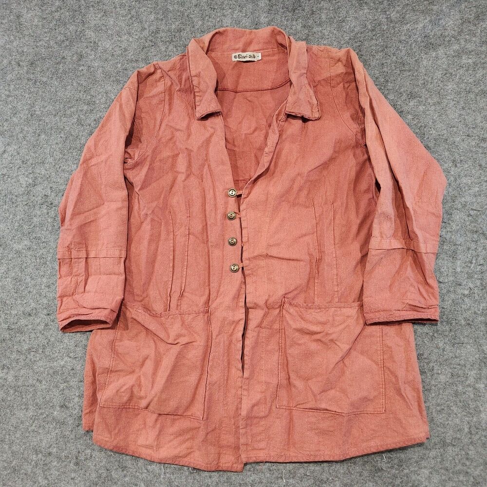 VTG Bluefish Womens 1 Hemp Linen Red Button Up Shirt Jacket Oversized - Picture 3 of 14